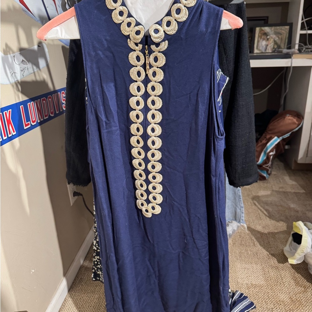 Navy Sleeveless Dress with white gold Embroidery